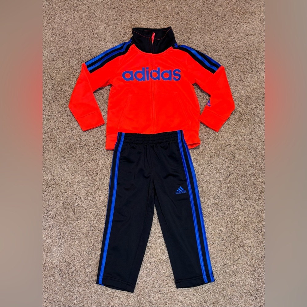 Adidas Red and Black Tracksuit with Blue Stripes, size 2T.